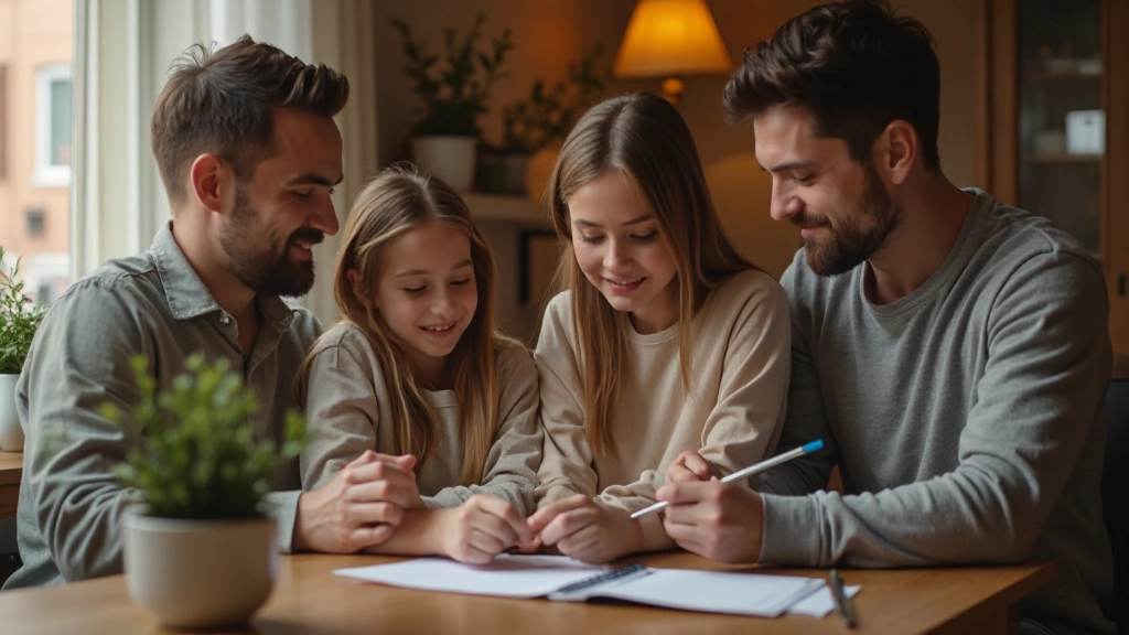 Семья сидит вместе за столом, обсуждая финансовые планы