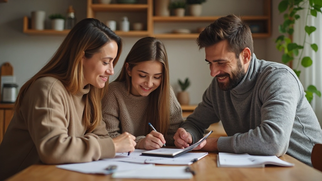 Семья обсуждает финансовое планирование за столом дома