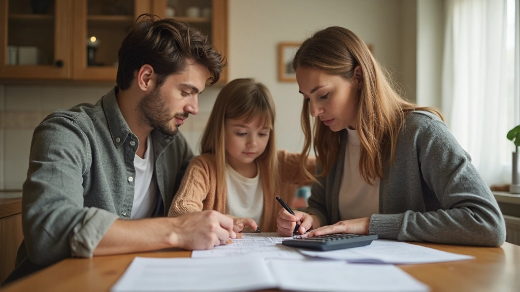 Семья планирует финансы вместе за столом с документами и калькулятором