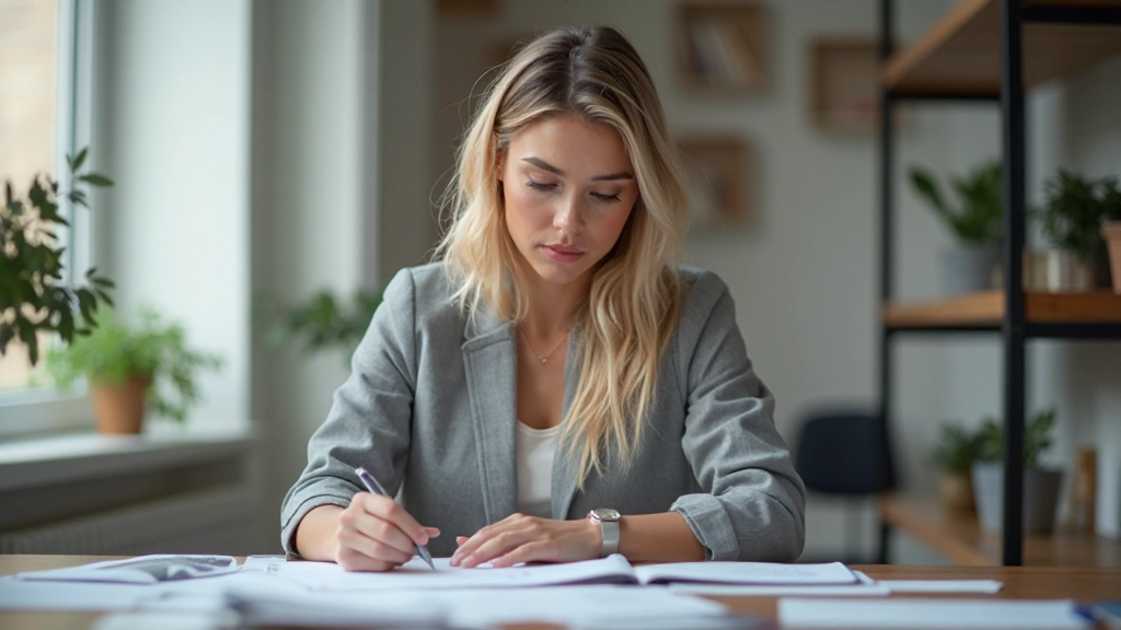 Женщина анализирует финансовые отчеты и записывает данные в блокнот